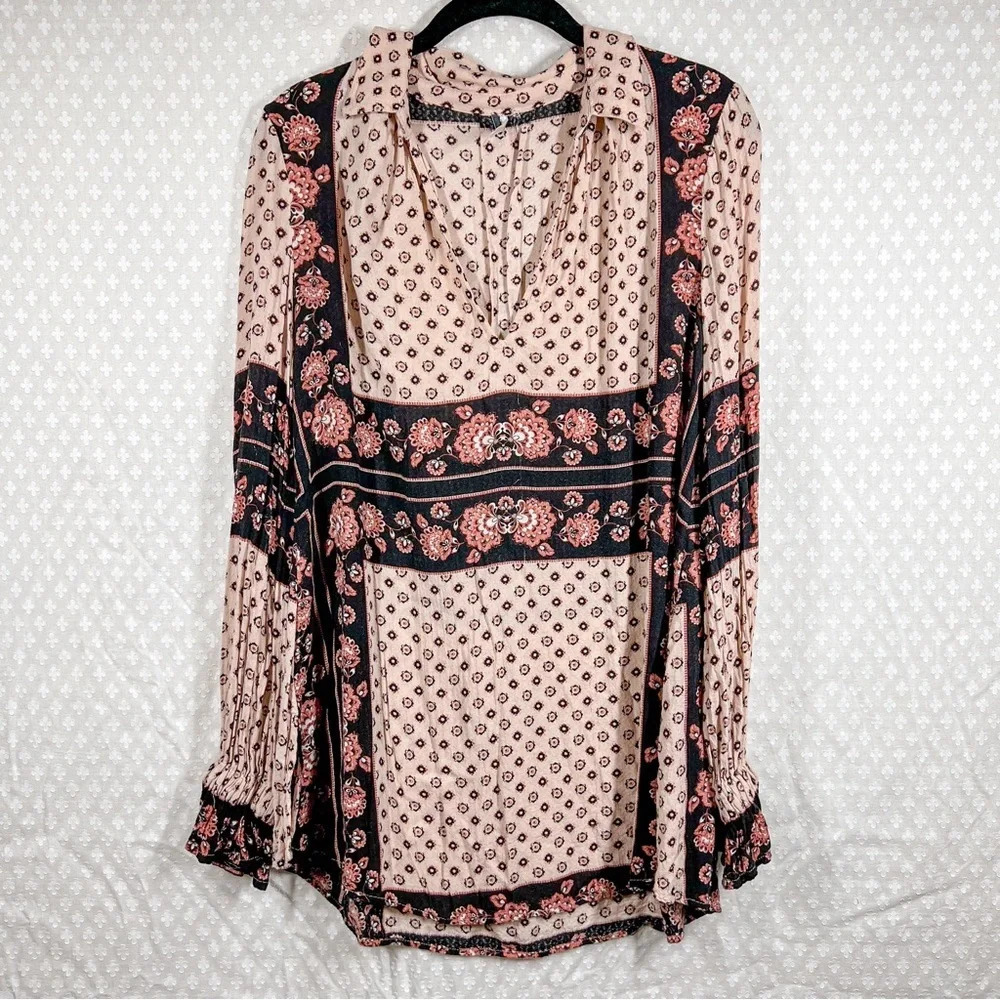 Free People Pink Paisley Floral Long Sleeve Top